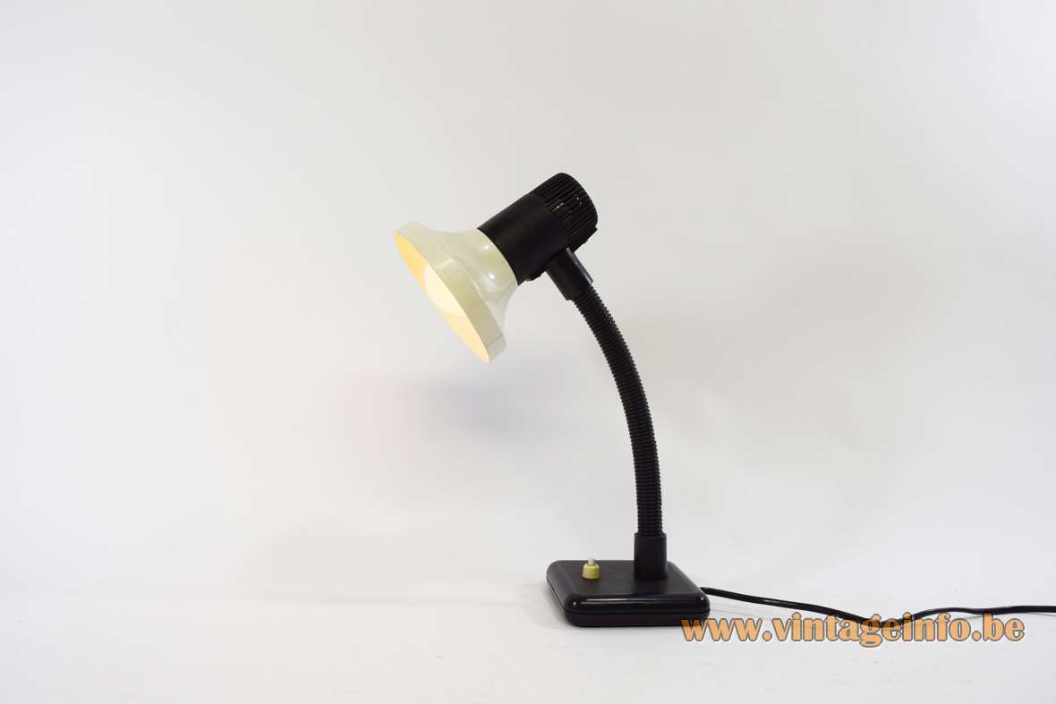 Black & white desk lamp square base plastic gooseneck Stilplast Italy 1960s 1970s MCM E27 socket