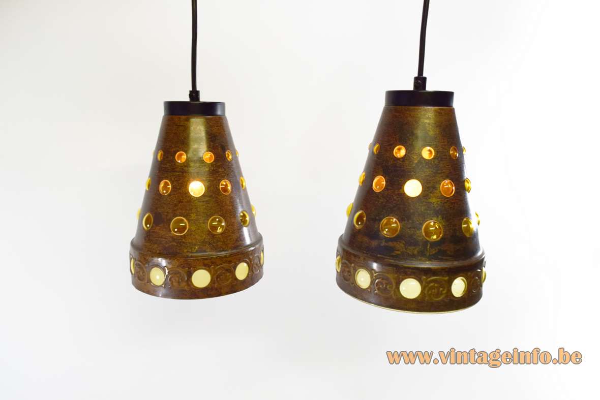 Burned copper & glass pendant lamps Nanny Still Raak conical lampshades round holes Peill & Putzler 1960s 1970s