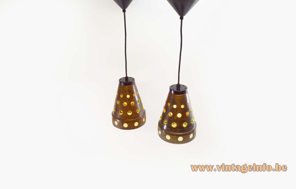 Burned copper & glass pendant lamps Nanny Still Raak conical round holes Peill Putzler caged 1960s 1970s