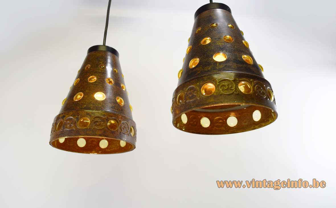 Burned copper & glass pendant lamps Nanny Still Raak conical lampshades round holes Peill & Putzler 1960s 1970s