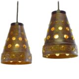 Burned copper & glass pendant lamps Nanny Still Raak conical lampshades round holes Peill & Putzler 1960s 1970s