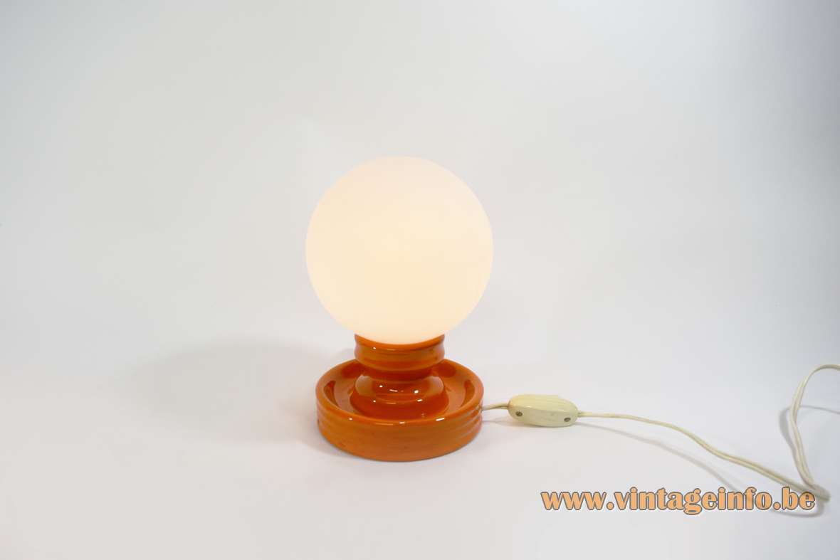 Ceramic candlestick bedside table lamp design: Cari Zalloni orange base opal glass globe Steuler 1960s 1970s 