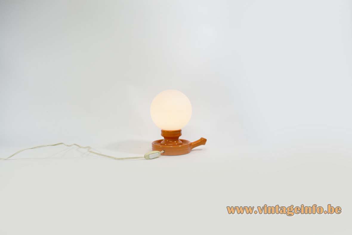 Ceramic candlestick bedside table lamp design: Cari Zalloni orange base opal glass globe Steuler 1960s 1970s 