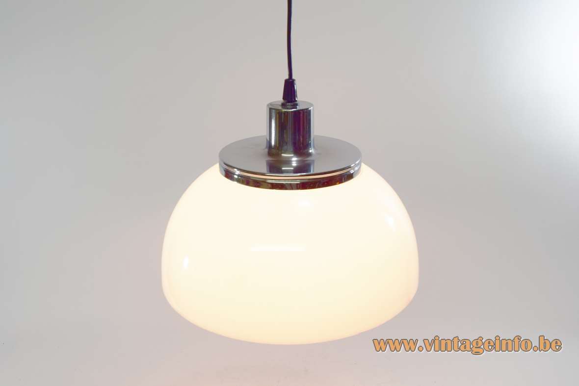 Harvey Guzzini Faro pendant lamp white acrylic Perspex mushroom lampshade chrome lid 1960s 1970s Italy
