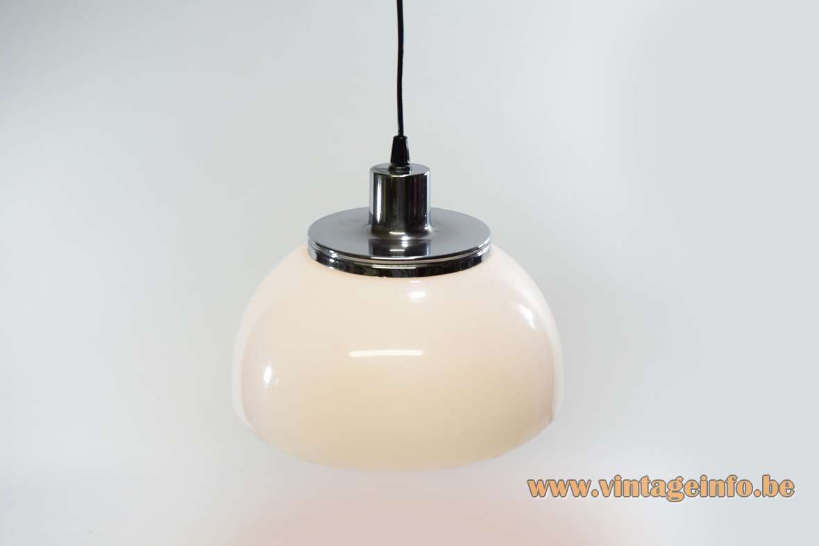 Harvey Guzzini Faro pendant lamp white acrylic Perspex mushroom lampshade chrome lid 1960s 1970s Italy