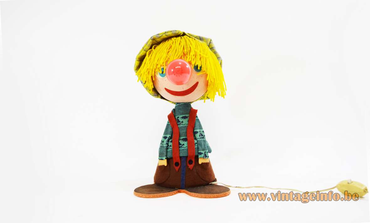Felt clown bobblehead table lamp fabric figurine big head yellow hair 1960s 1970s Italy E14 bulb