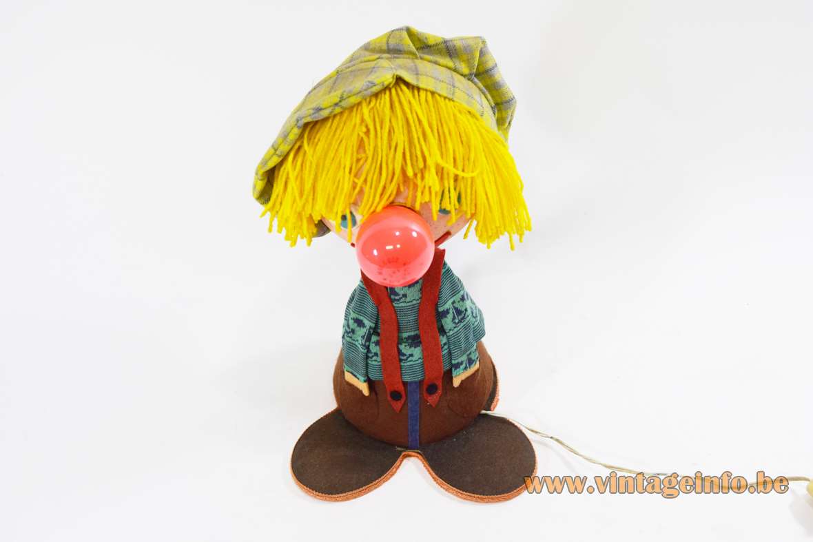Felt clown bobblehead table lamp fabric figurine big head yellow hair 1960s 1970s Italy E14 bulb