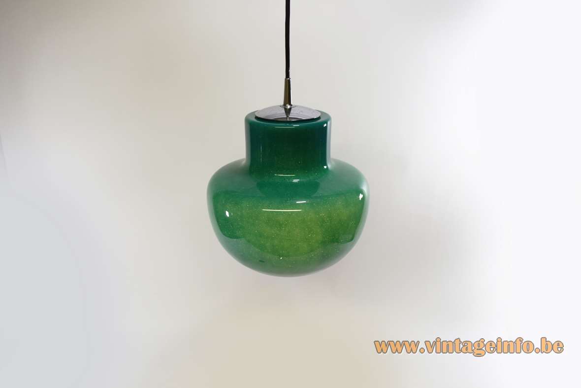 Green glass pendant lamp bubble glass lampshade chrome lid Peill Putzler Germany 1960s 1970s E27 socket