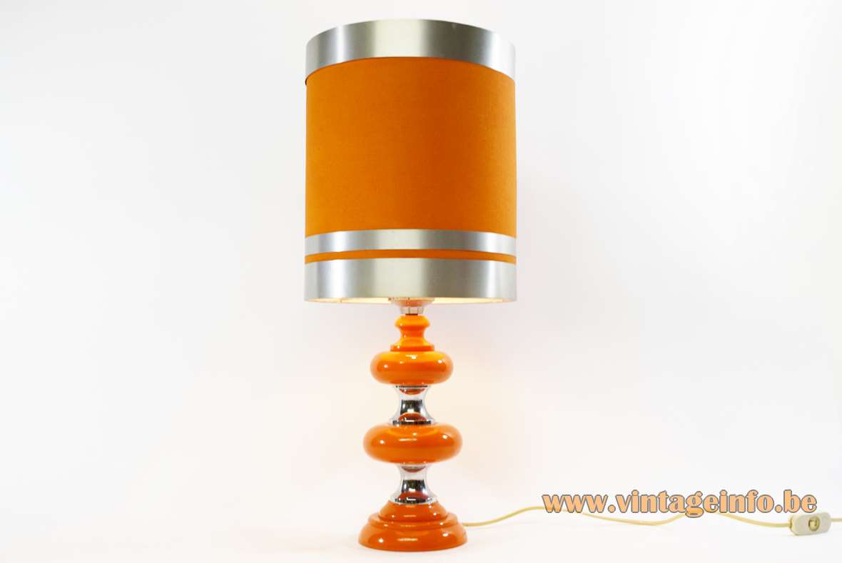 Orange 1970s table lamp wood discs & chrome base tubular lampshade metal rings Massive Belgium 1960s vintage