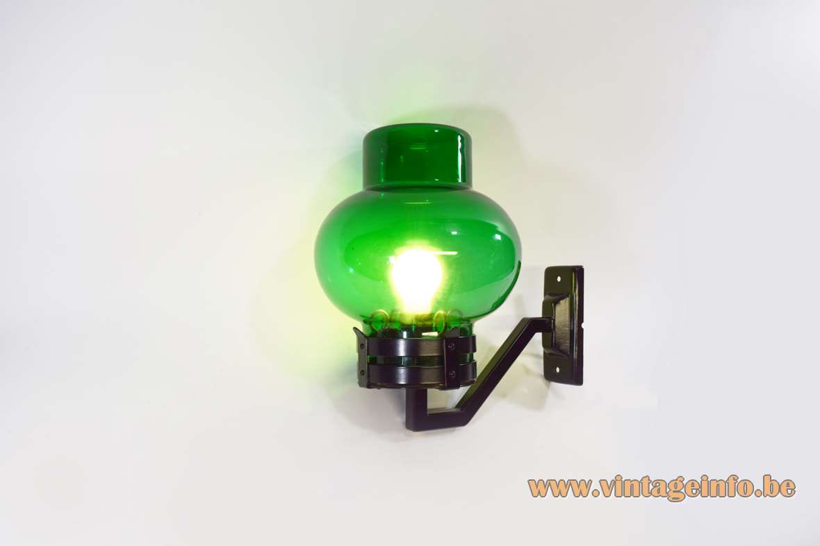 1960s Philips outdoor wall lamp garden light green bollard style glass lampshade black painted metal 1970s