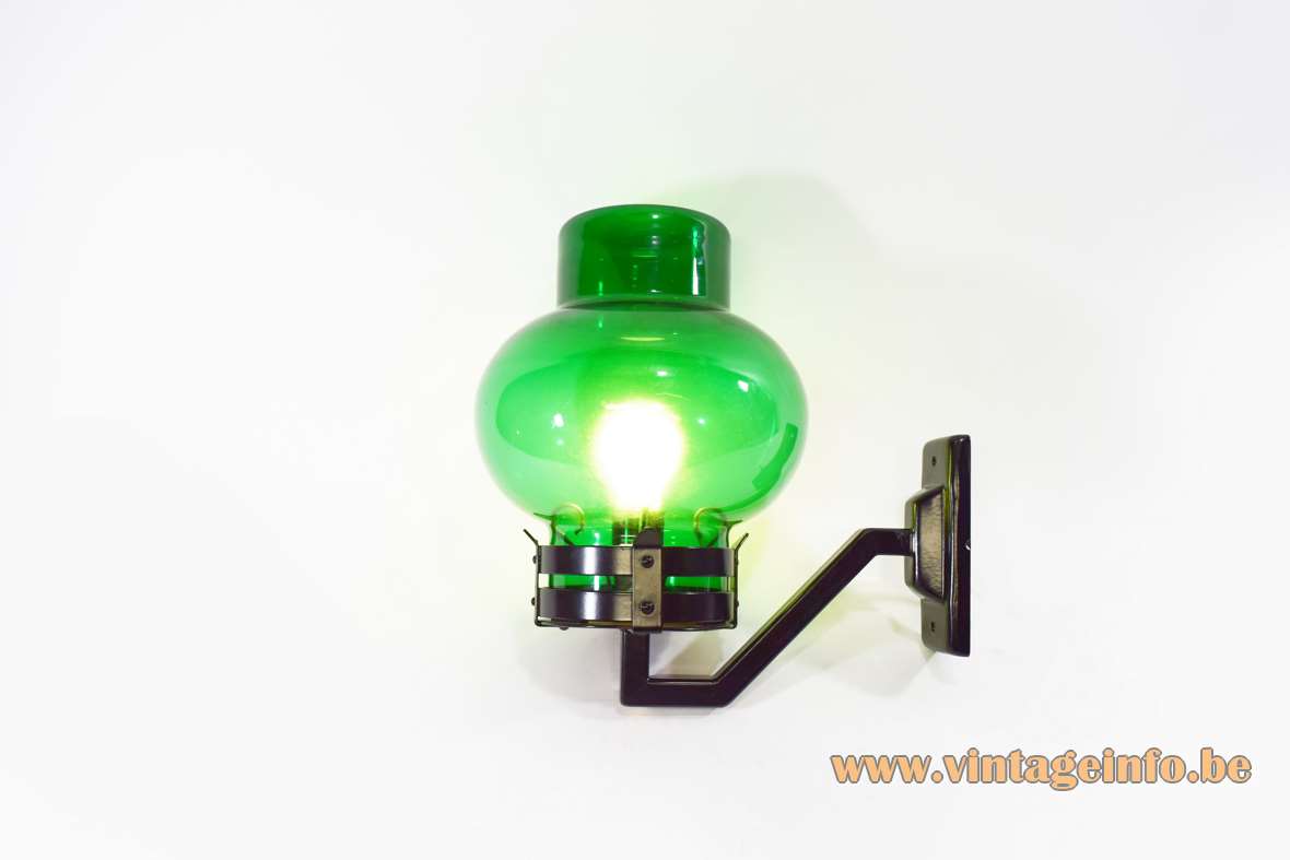 1960s Philips outdoor wall lamp garden light green bollard style glass lampshade black painted metal 1970s