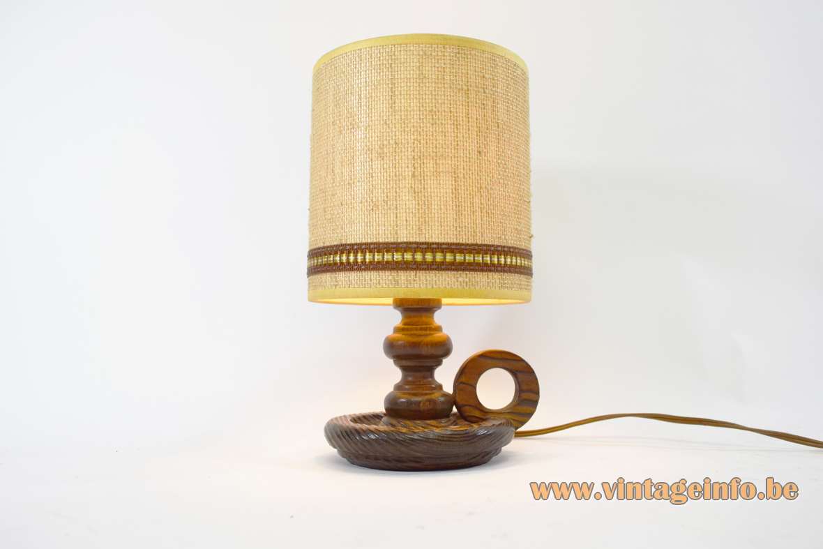 Pigot candlestick table lamp carved pine wood base rod & handle tubular fabric lampshade Spain 1960s 1970s