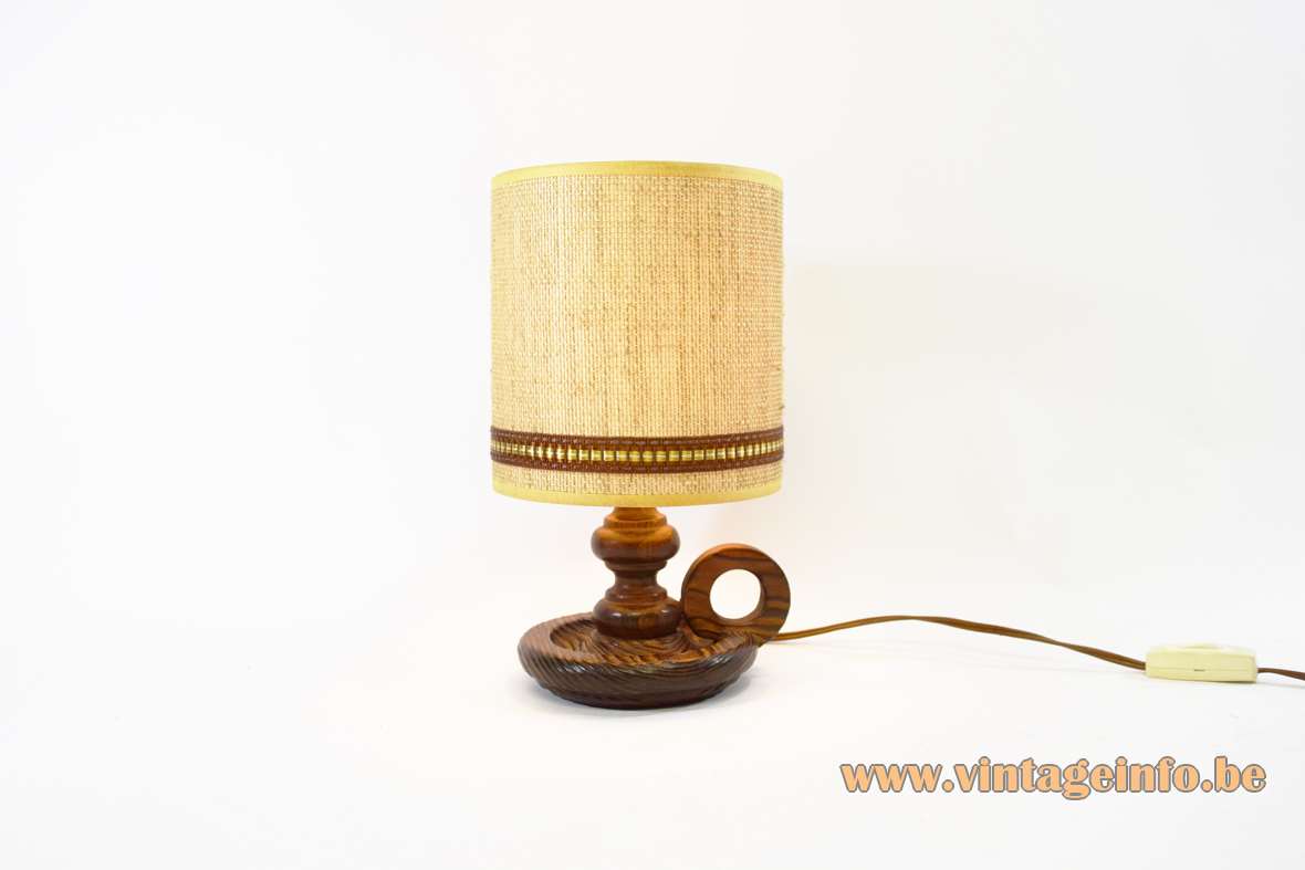 Pigot candlestick table lamp carved pinewood base rod & handle tubular fabric lampshade Spain 1960s 1970s