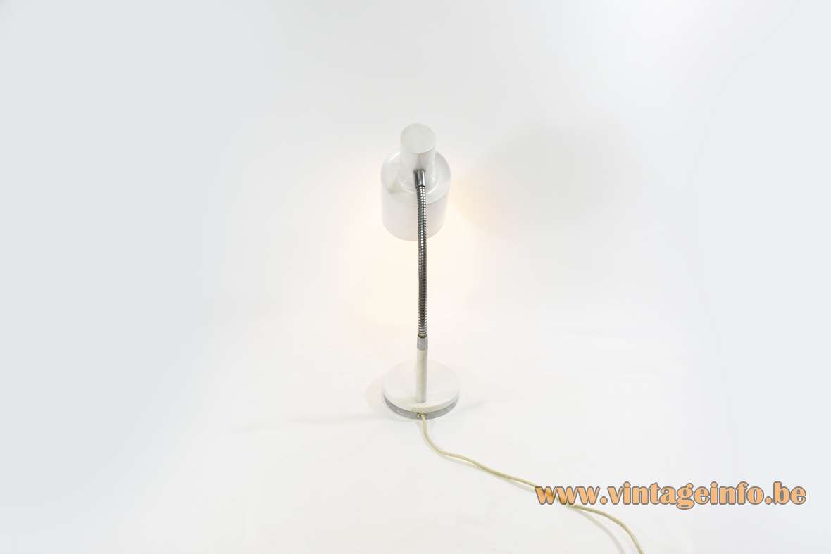 1970s Prova desk lamp white round base rod and lampshade chrome gooseneck E27 socket Massive Italy