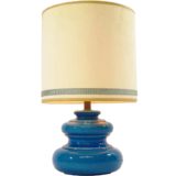 Rimini blue table lamp round ceramic base in turquoise ultramarine azur fabric lampshade 1960s MCM vintage