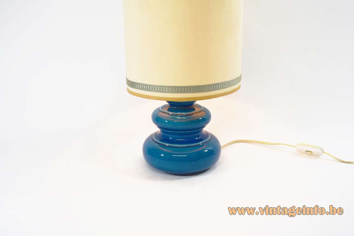 Rimini blue table lamp round ceramic base in turquoise ultramarine azur fabric lampshade 1960s MCM vintage