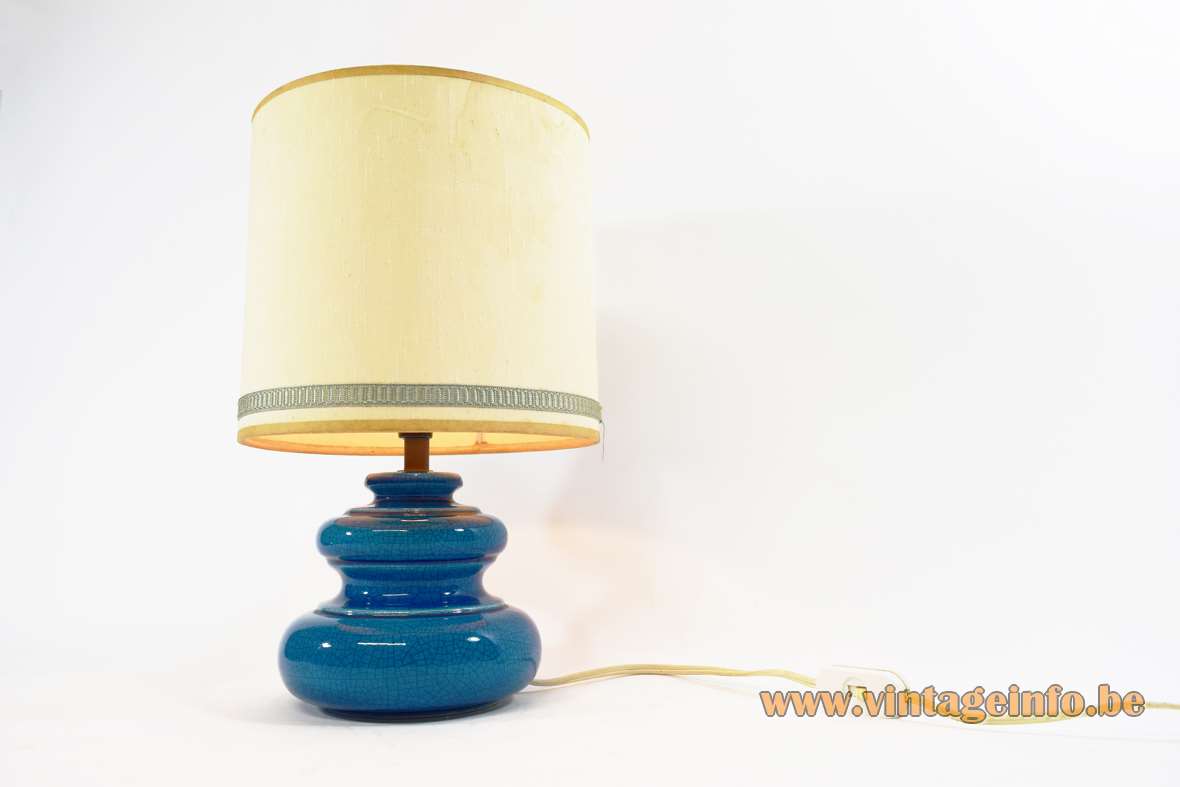 Rimini blue table lamp round ceramic base in turquoise ultramarine azur fabric lampshade 1960s MCM vintage