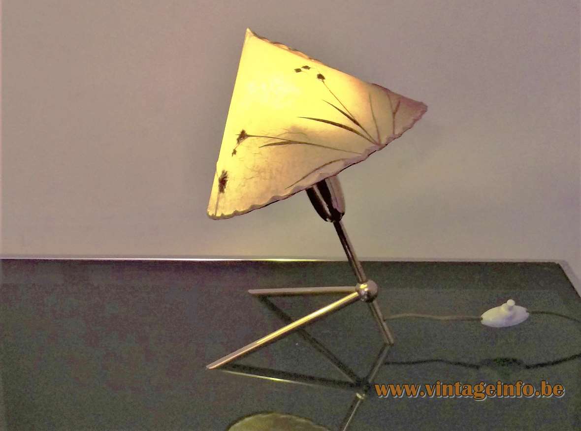 Rupert Nikoll table lamp brass tripod rods conical fabric lampshade with real flowers 1950s 1960s MCM