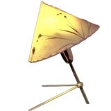 Rupert Nikoll table lamp brass tripod rods conical fabric lampshade with real flowers 1950s 1960s MCM