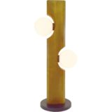 Temde-Leuchten floor lamp black metal base wooden beam 2 opal glass globes lampshades 1960s 1970s Germany