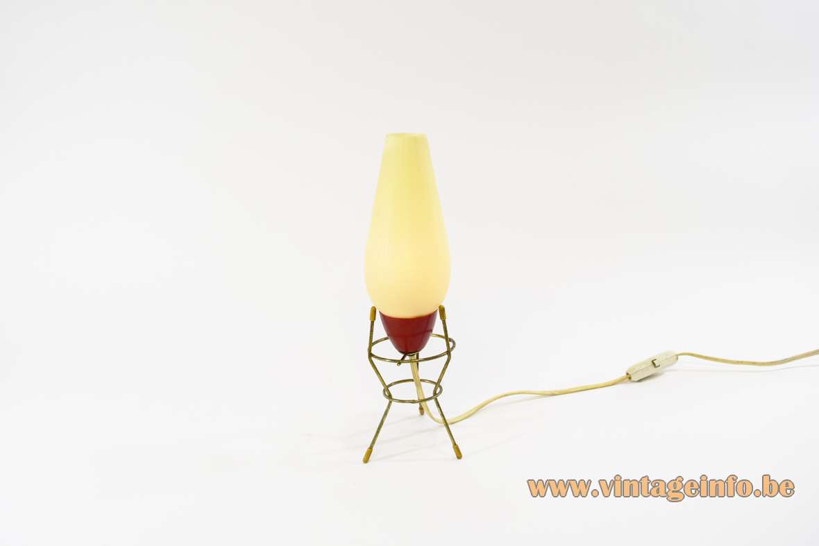 1950s tripod bedside table lamp brass rods white plastic lampshade red Bakelite VEB Leuchtenbau Germany 