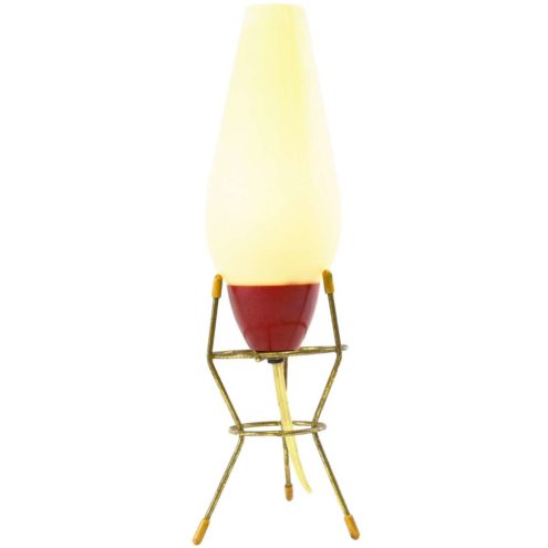 1950s tripod bedside table lamp brass rods white plastic lampshade red Bakelite VEB Leuchtenbau Germany