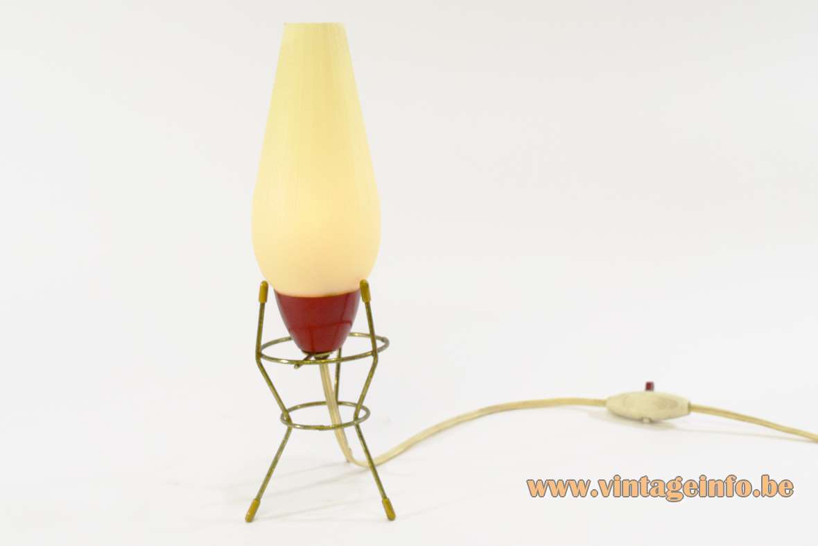 1950s tripod bedside table lamp brass rods white plastic lampshade red Bakelite VEB Leuchtenbau Germany 
