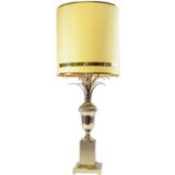 1970s chrome reed table lamp palm leaves urn square base round lampshade Hollywood Regency 1970s MCM