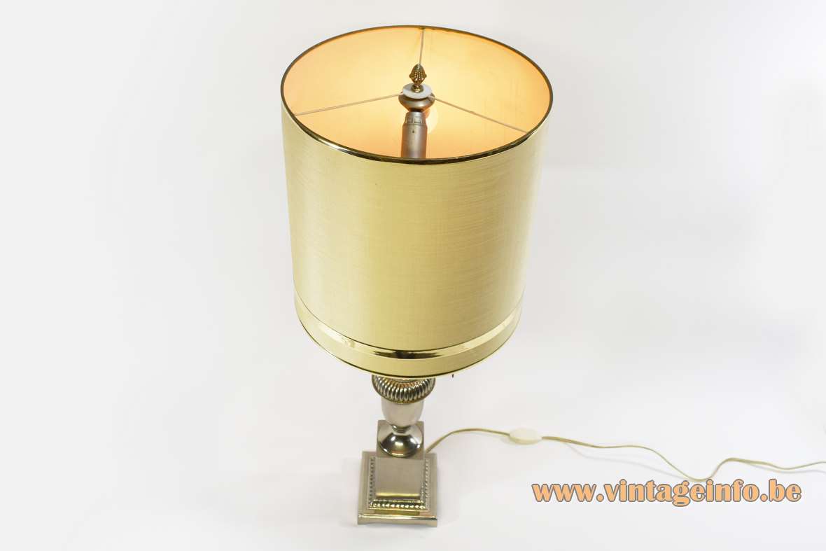 1970s chrome reed table lamp palm leaves urn square base round lampshade Hollywood Regency 1970s MCM