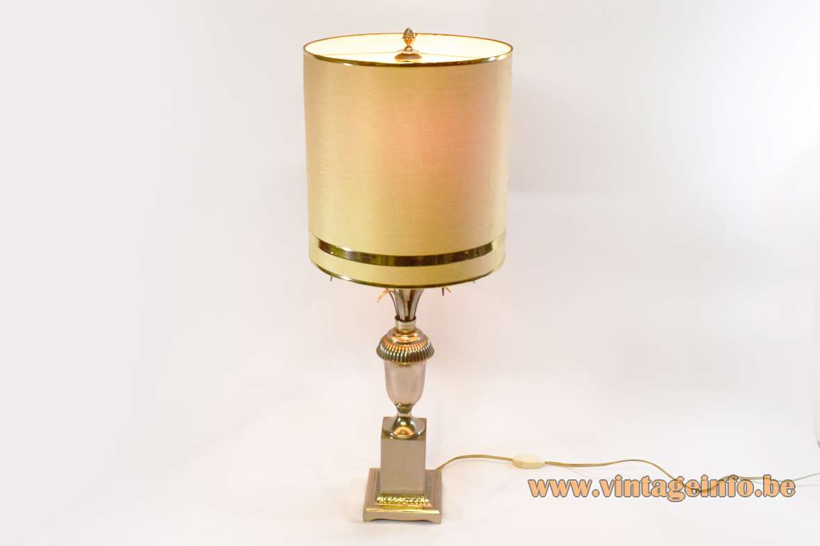 1970s chrome reed table lamp palm leaves urn square base round lampshade Hollywood Regency 1970s MCM