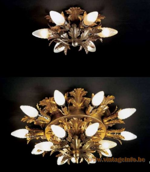 Banci Firenze flower ceiling lamp flush mount antique gold painted metal 3 light bulbs Italy 1950s 1960s 1970s