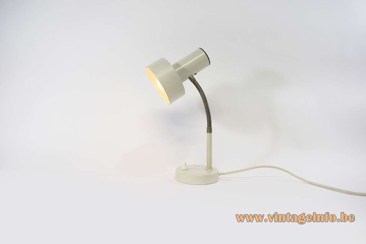  East German desk lamp round white metal base chrome gooseneck white lampshade 1970s MCM Massive Belgium