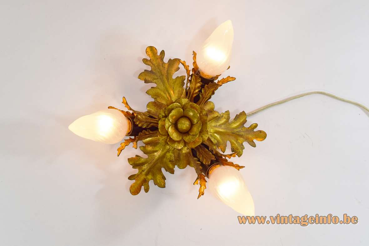 Banci Firenze flower ceiling lamp flush mount antique gold metal brass 3 light bulbs Italy 1960s 1970s