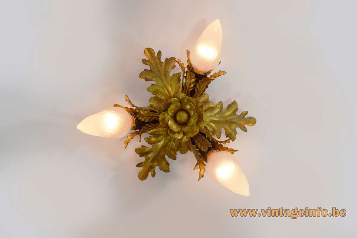 Banci Firenze flower ceiling lamp flush mount antique gold metal brass 3 light bulbs Italy 1960s 1970s