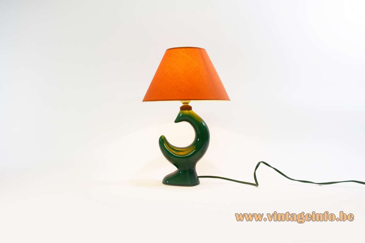 Georges Jouve table lamp green biomorph ceramics fabric lampshade 1950s 1960s earthenware MCM