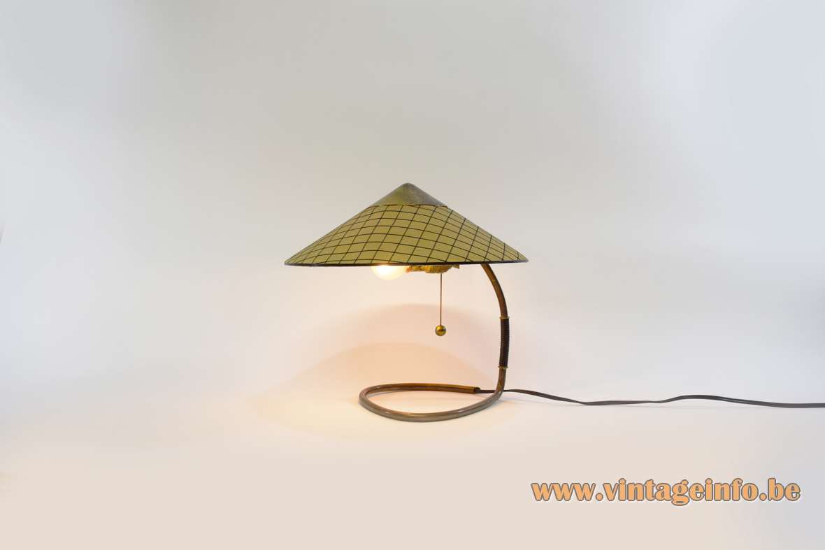 Kalmar Franken table lamp curved copper rod triangular conical checkered fabric lampshade Austria 1950s 1960s vintage