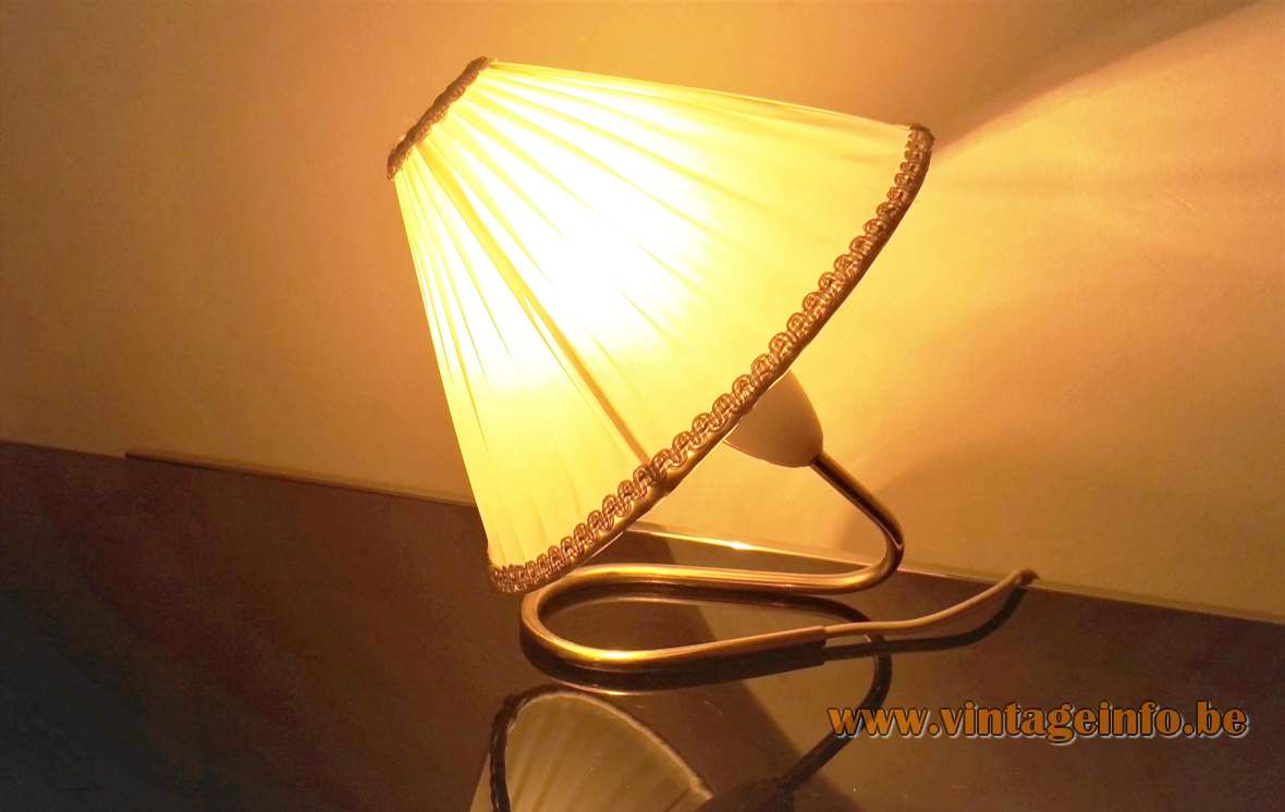 Kalmar bedside table lamp curved brass rod folded vintage conical fabric lampshade Franken Austria 1950s 1960s 