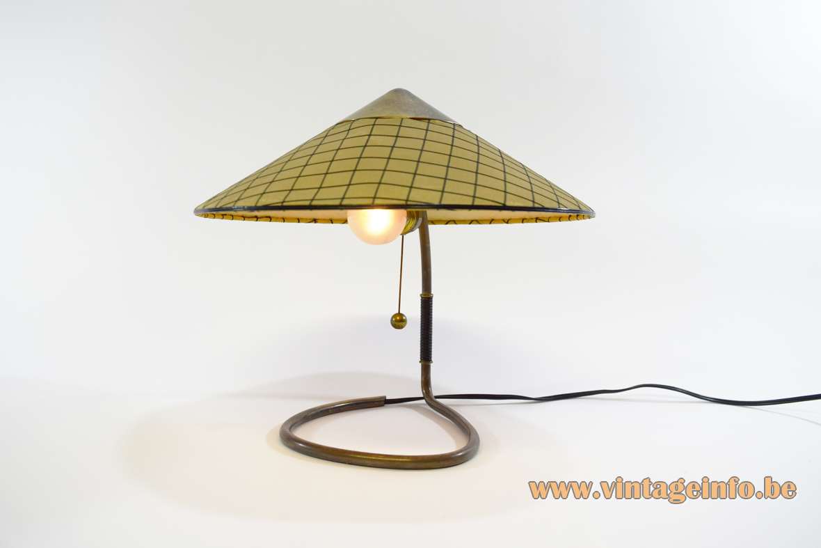 Kalmar Franken table lamp curved copper rod triangular conical checkered fabric lampshade Austria 1950s 1960s vintage