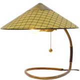 Kalmar Franken table lamp curved copper rod triangular conical checkered fabric lampshade Austria 1950s 1960s vintage