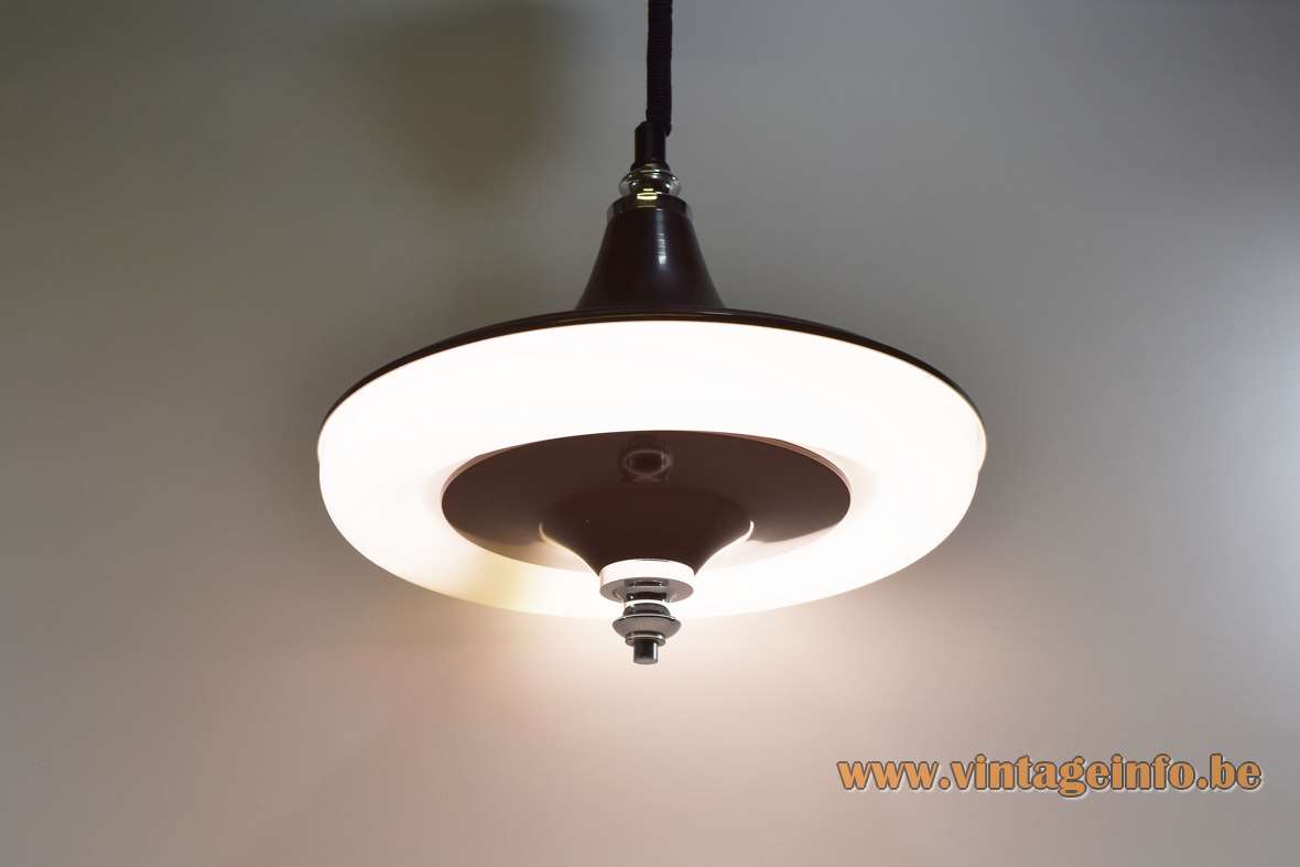 Circular fluorescent tube pendant lamp round brown plastic lampshade white diffuser rise & fall Massive 1960s 1970s