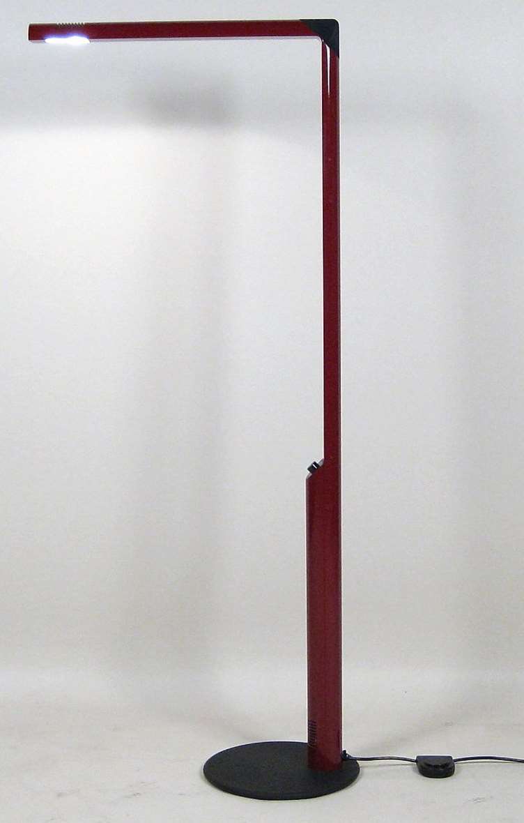 LUCI Veronica floor lamp design: Gianfranco Frattini long maroon right-angled tubes 1970s Italy