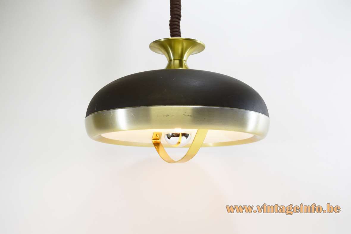 Leclaire & Schäfer pendant lamp round aluminium lampshade flat curved brass bar rise & fall mechanism 1970s Germany