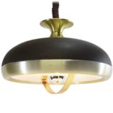 Leclaire & Schäfer pendant lamp round aluminium lampshade flat curved brass bar rise & fall mechanism 1970s Germany