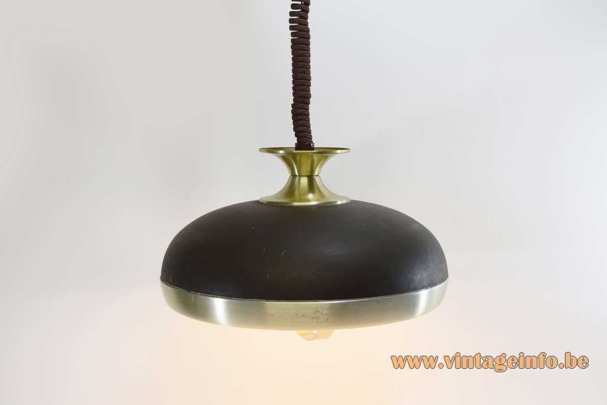Leclaire & Schäfer pendant lamp round aluminium lampshade flat curved brass bar rise & fall mechanism 1970s Germany