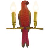 Parrot wall lamp red painted bird in moulded metal bronze 2 brass arrows antique 1960s 1970s