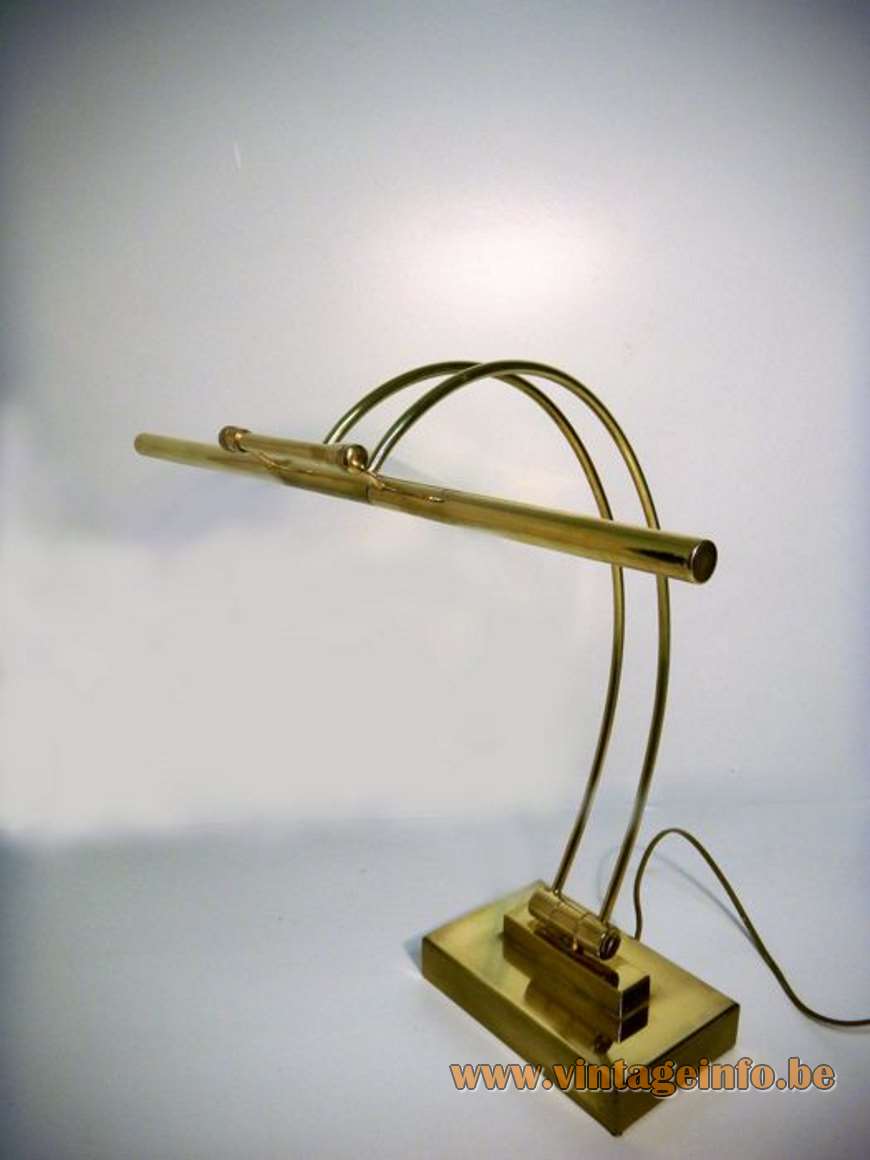 Presidential desk lamp Les Ateliers Boulanger rectangular brass base 2 curved rods halogen bulbs 1990s vintage