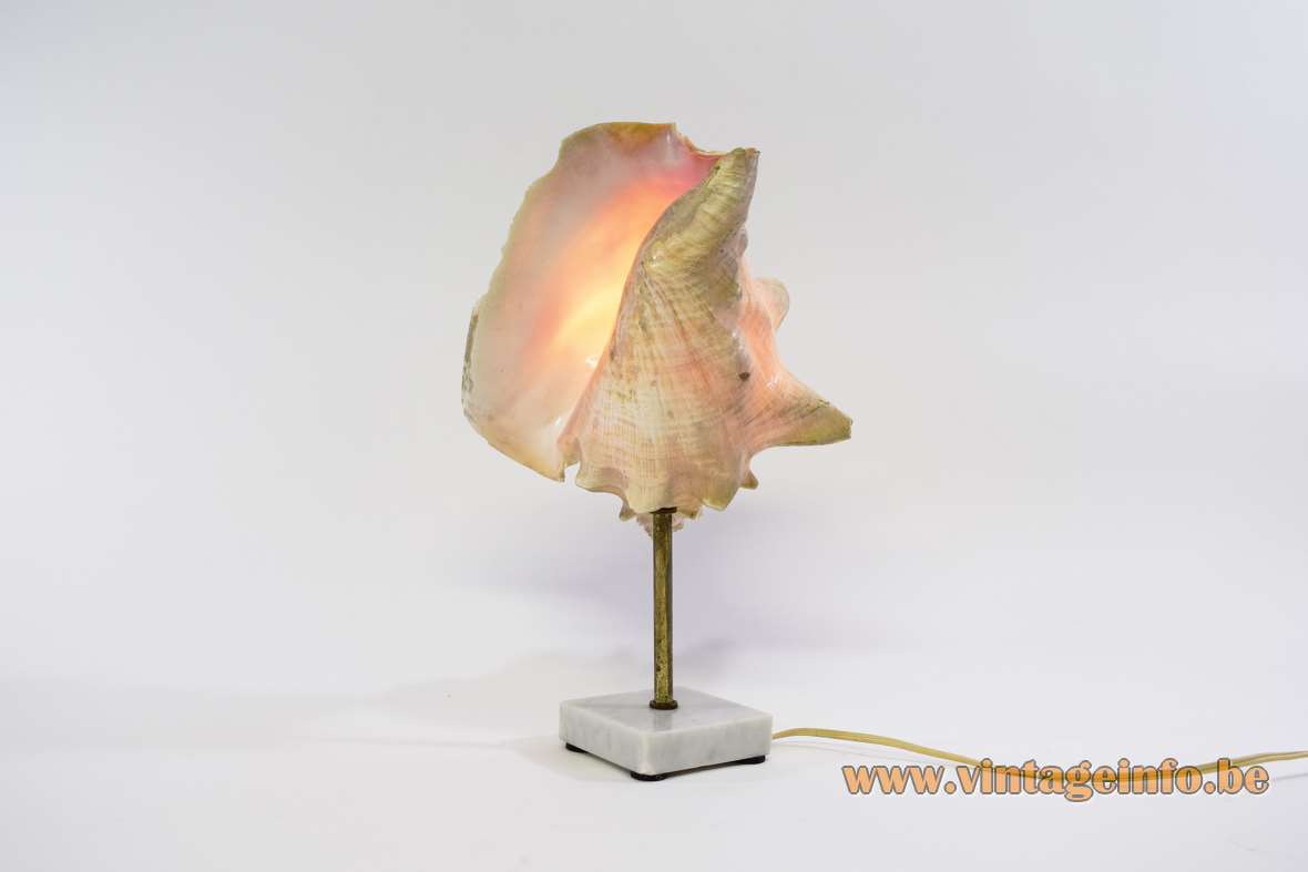 Queen Conch table lamp brass rod square marble base brass rod shell lampshade E14 socket 1970s