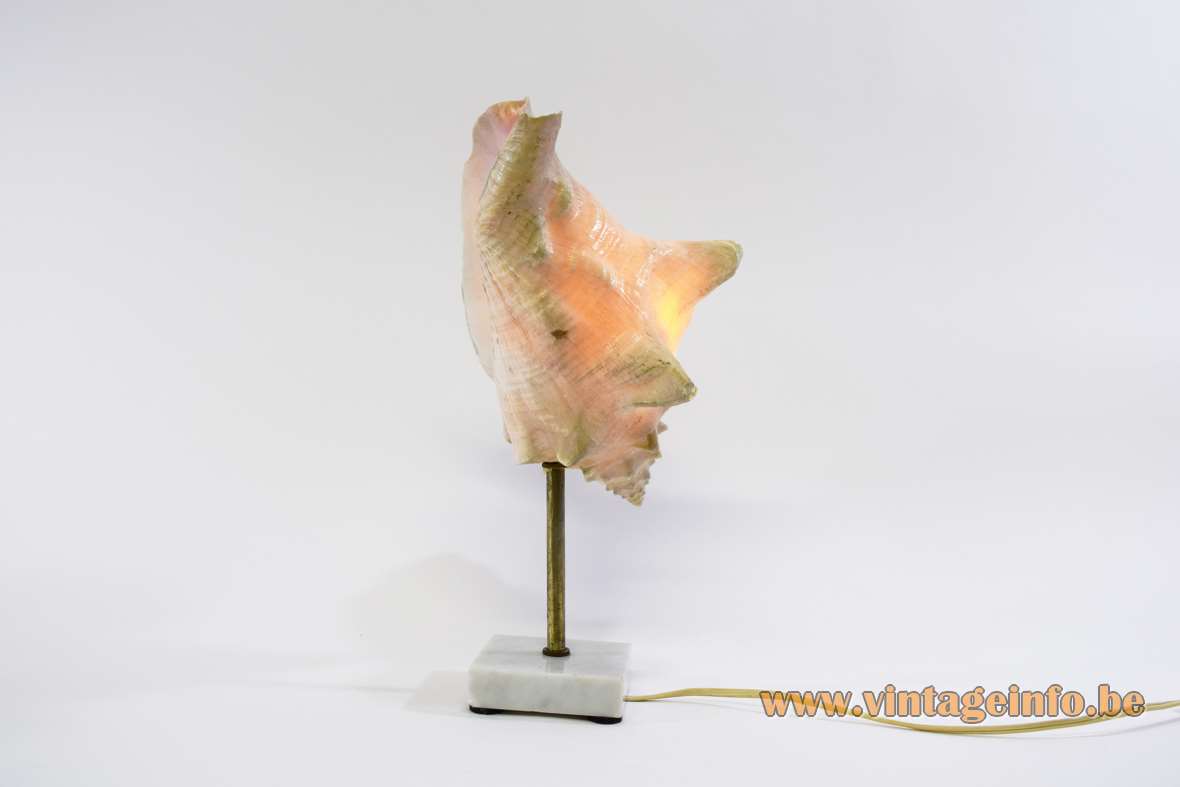 Queen Conch table lamp brass rod square marble base brass rod shell lampshade E14 socket 1970s