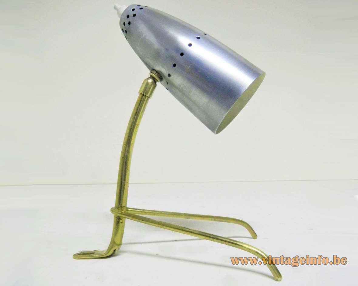 Rupert Nikoll desk lamp curved brass legs aluminium conical perforated lampshade 1950s 1960s Austria MCM vintage