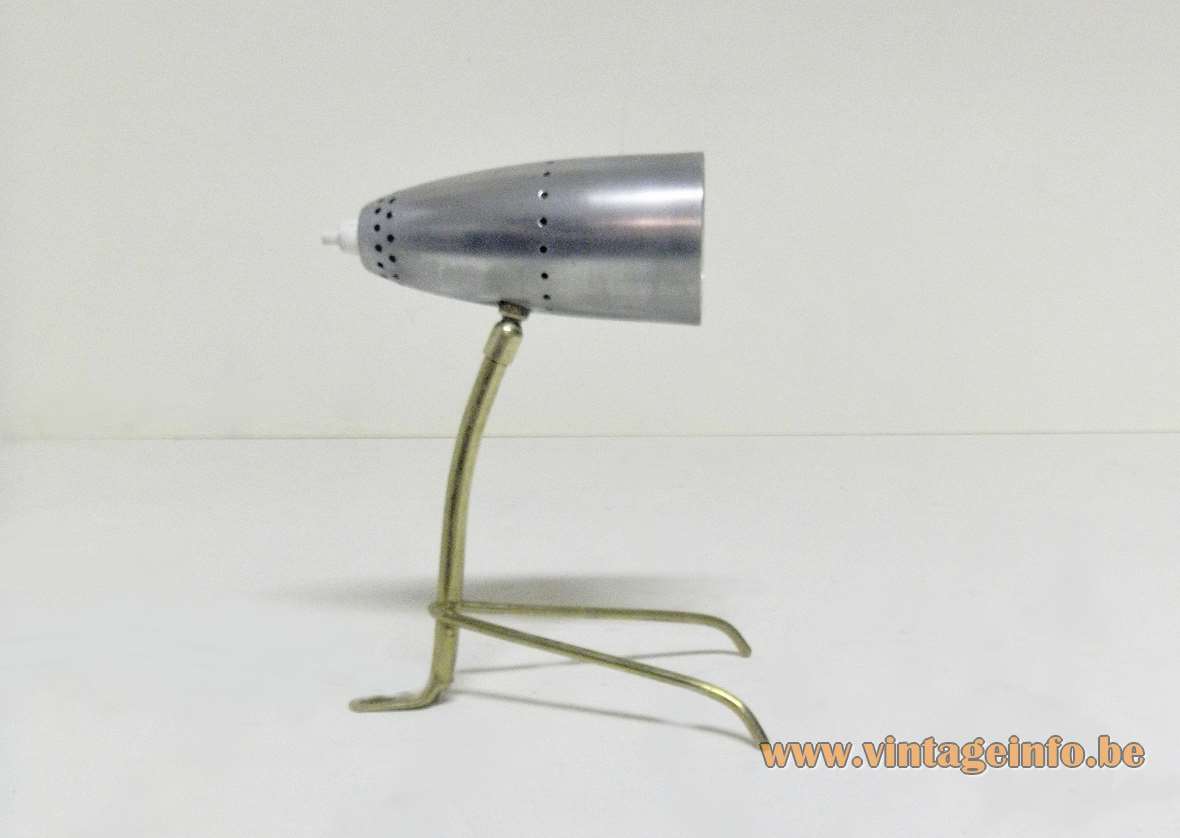 Rupert Nikoll desk lamp curved brass legs aluminium conical perforated lampshade 1950s 1960s Austria MCM vintage